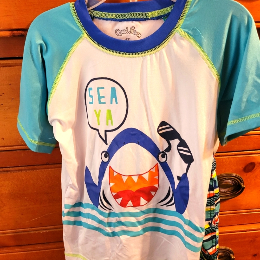 NEW 2 Pc Swim Trunks With Rash Guard Shirt ~4T~Quad Seven~Shark~"Sea Ya"